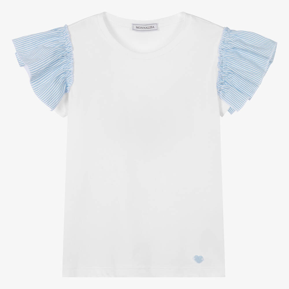Monnalisa - Белая хлопковая футболка с рюшами для девочек-подростков | Childrensalon