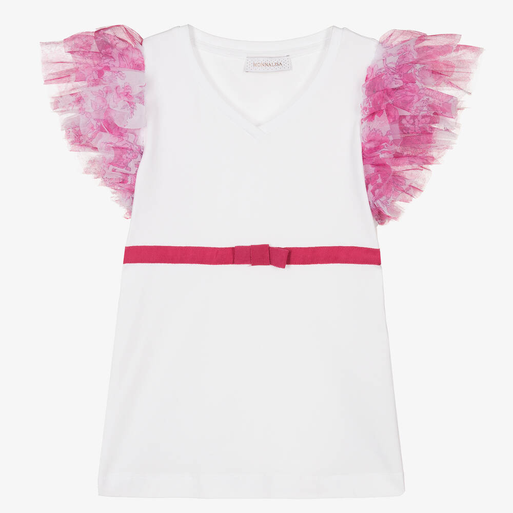 Monnalisa Chic - Teen Girls White Cotton & Tulle T-Shirt | Childrensalon