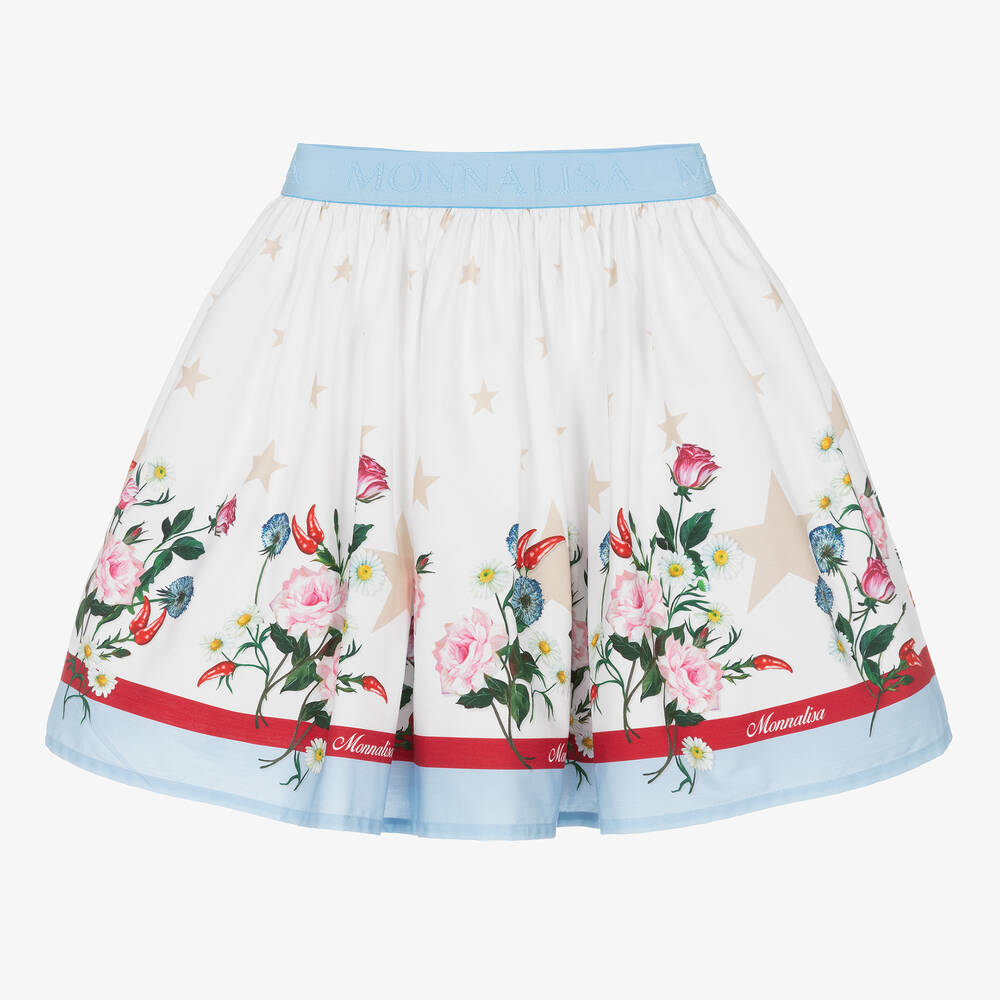Monnalisa - Белая хлопковая юбка с цветами для девочек-подростков | Childrensalon