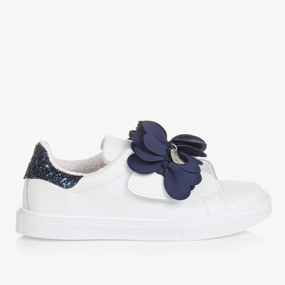 Monnalisa Teen Girls White Flower Leather Trainers In Blue