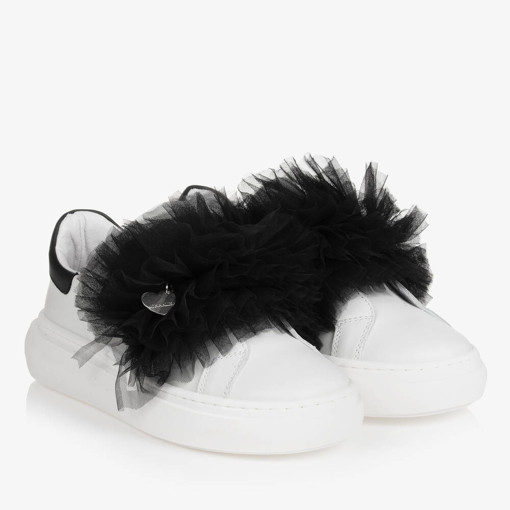 Monnalisa - Белые кожаные кроссовки с отделкой из тюля для девочек-подростков | Childrensalon
