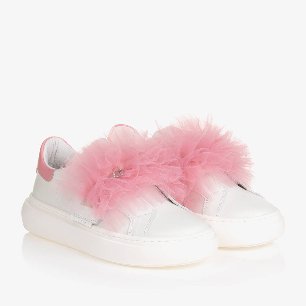 Monnalisa - Белые кожаные кроссовки с розовой отделкой из тюля для подростков | Childrensalon