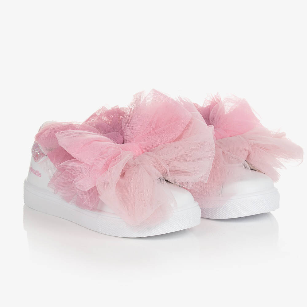Monnalisa - Бело-розовые кожаные кроссовки | Childrensalon