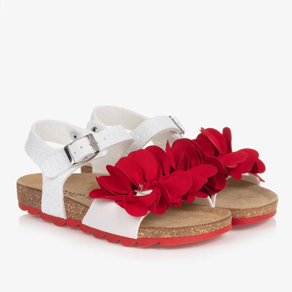 Monnalisa - صندل جلد صناعي لون أبيض وأحمر مزين بوردة | Childrensalon