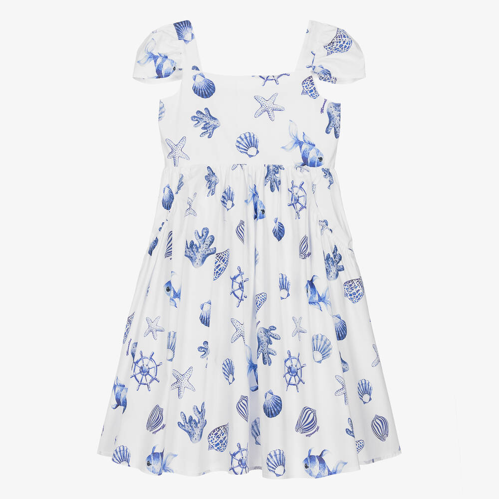 Monnalisa - فستان بطبعة بحرية قطن بوبلين لون أبيض للمراهقات  | Childrensalon