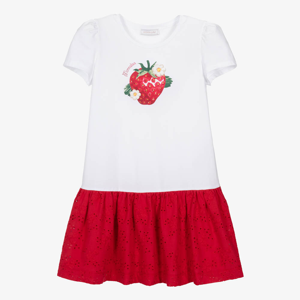 Monnalisa Teen Girls White Strawberry Cotton Dress