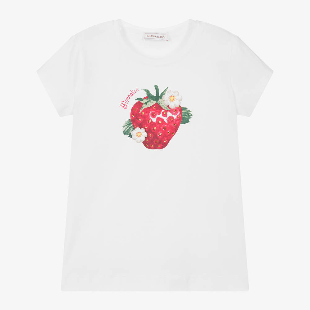 Monnalisa - Teen Girls White Strawberry Cotton T-Shirt | Childrensalon