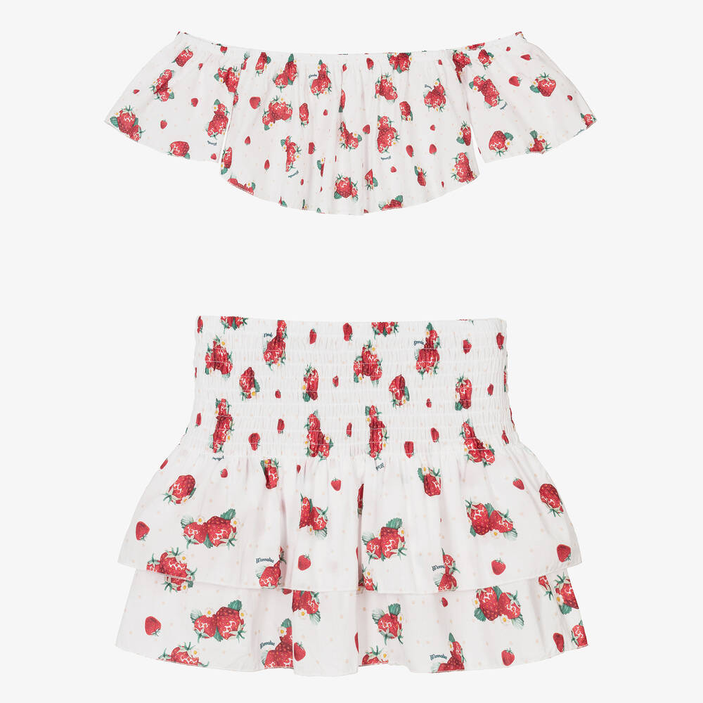 Monnalisa - Teen Girls White Strawberry Print Skirt Set | Childrensalon
