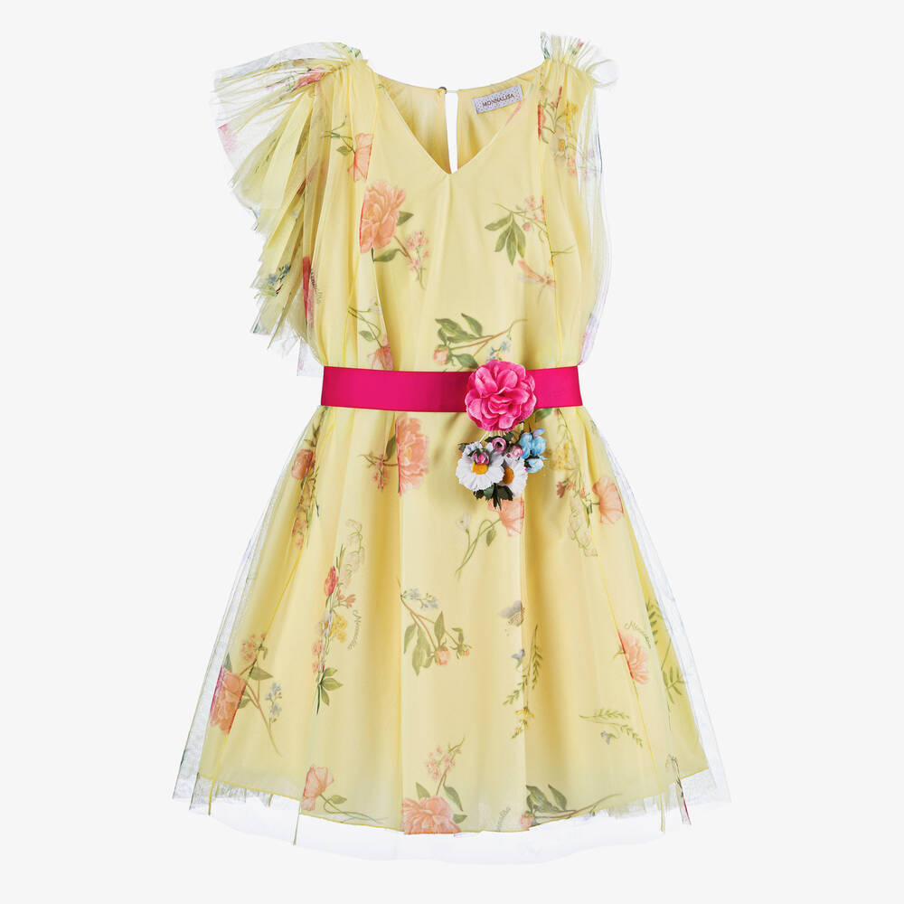 Monnalisa - Teen Girls Yellow Floral Tulle Dress | Childrensalon