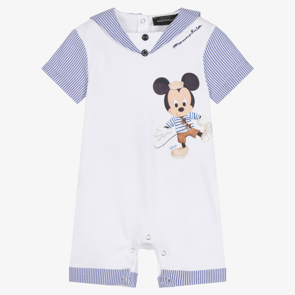 Monnalisa Babies' Mickey Mouse Cotton Interlock Romper In White,blue