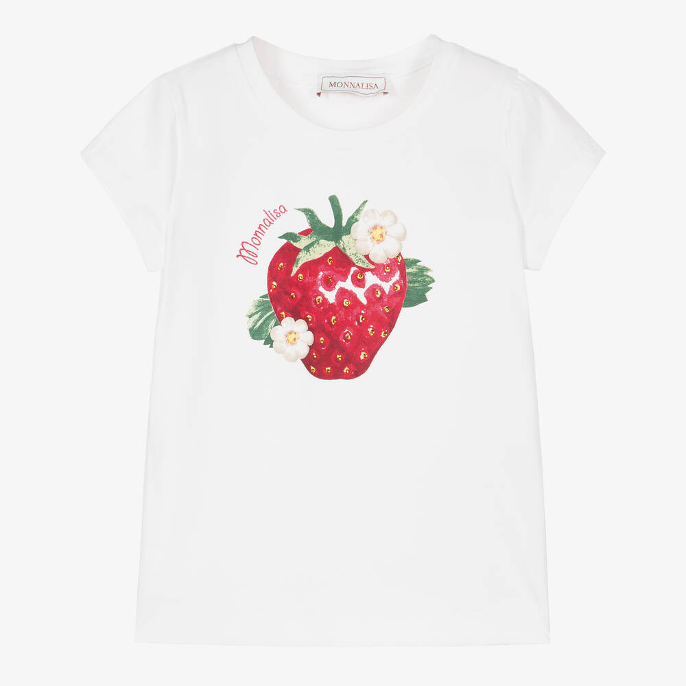 Monnalisa - White Strawberry Print Cotton T-Shirt | Childrensalon