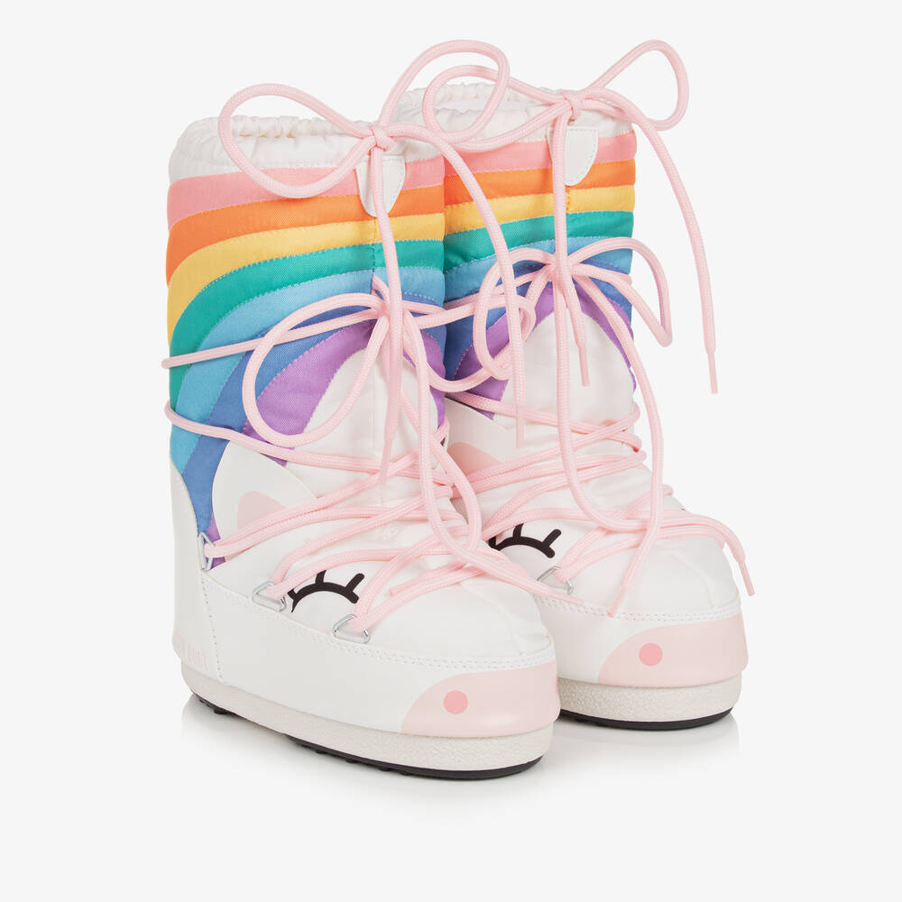 Moon Boot - Girls White Unicorn Rainbow Snow Boots | Childrensalon