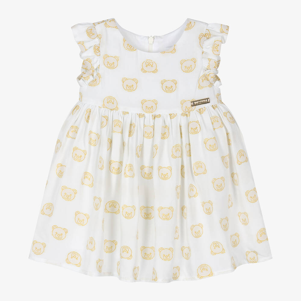 Moschino Baby - فستان بطبعة تيدي بير فيسكوز لون عاجي وذهبي | Childrensalon