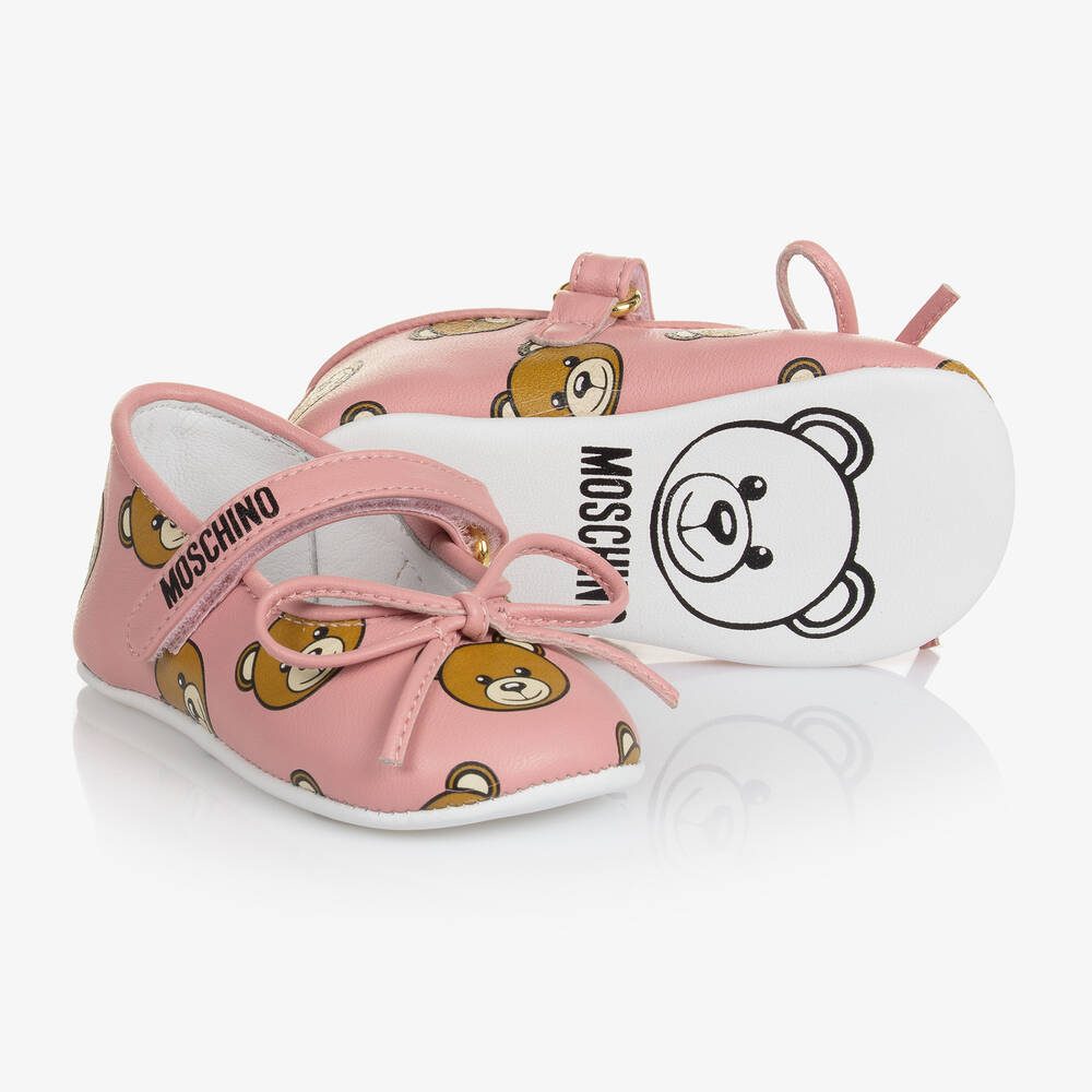 Moschino Kid-Teen - Розовые кожаные пинетки для малышек | Childrensalon