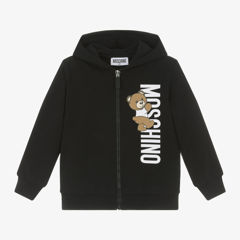 Moschino Kid-Teen - Black Cotton Teddy Bear Zip-Up Hoodie | Childrensalon