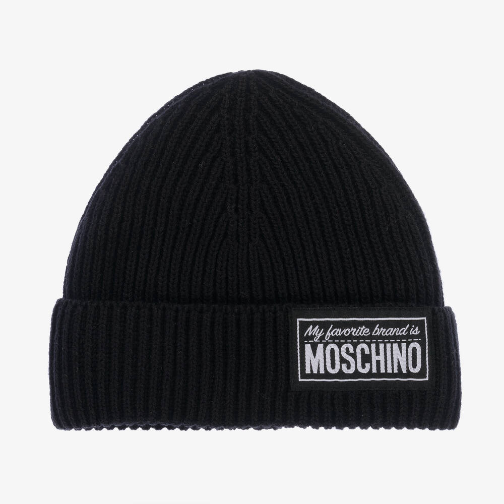 Moschino Kid-Teen - Black Cotton & Wool Knit Beanie Hat | Childrensalon