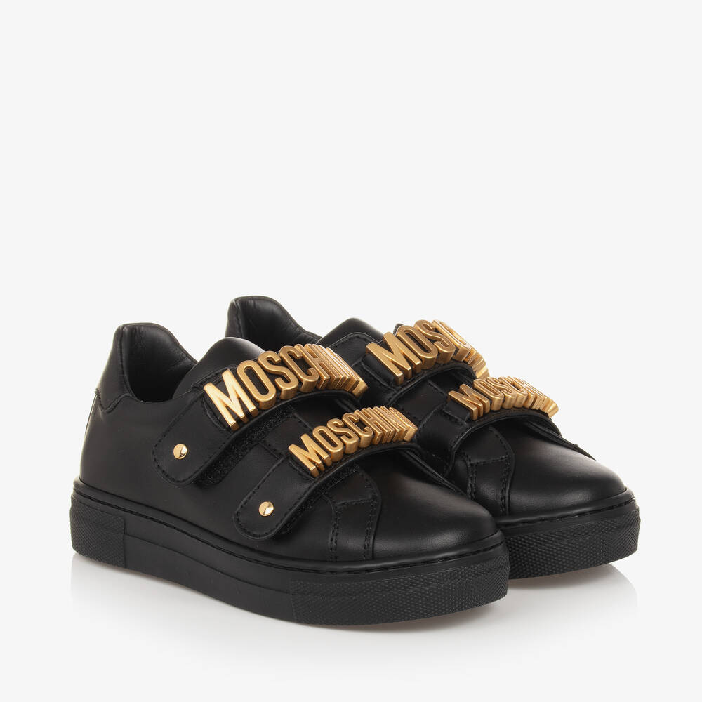 Moschino Kid-Teen - Черно-золотистые кожаные кроссовки на липучке | Childrensalon