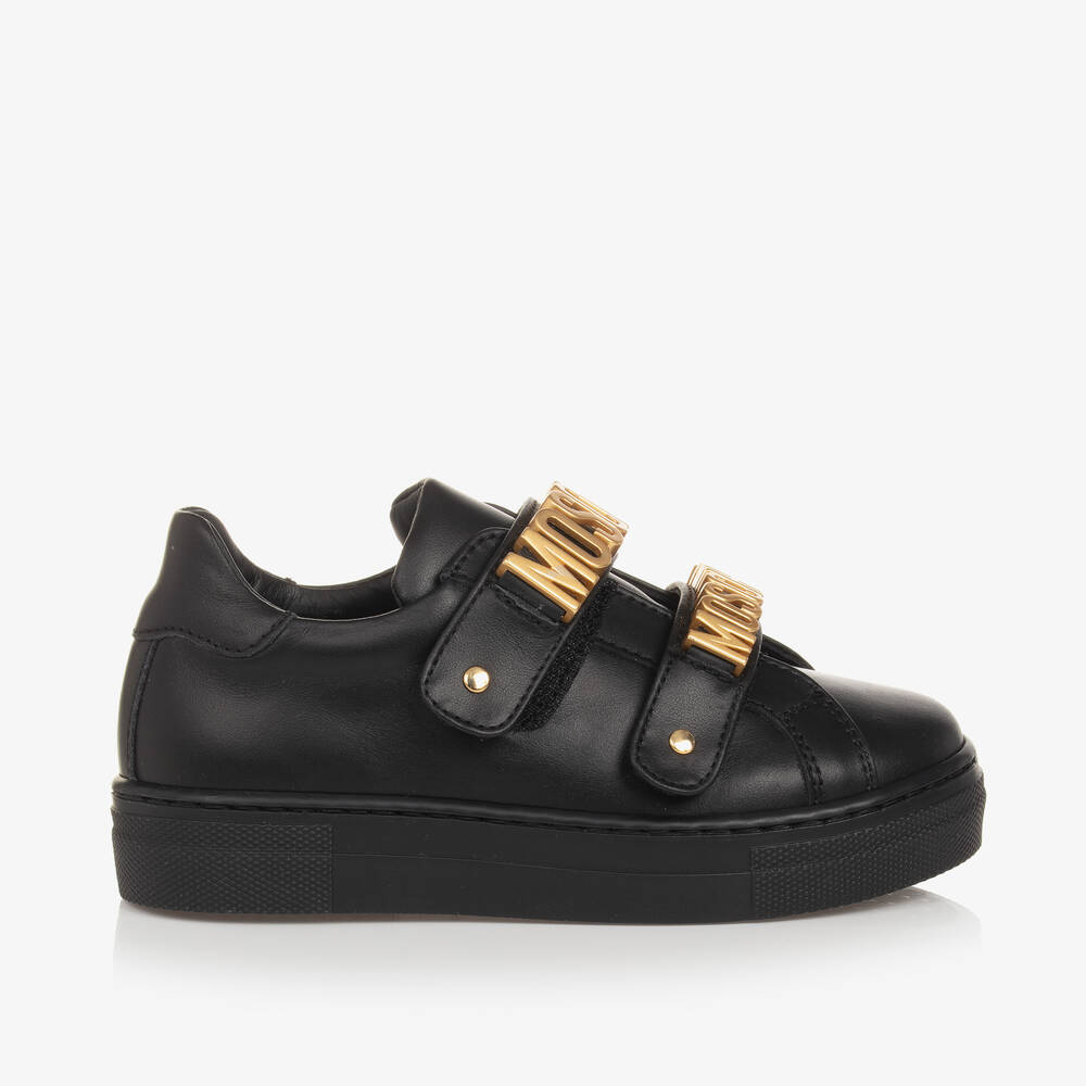 Moschino Kid-teen Black & Gold Leather Velcro Trainers