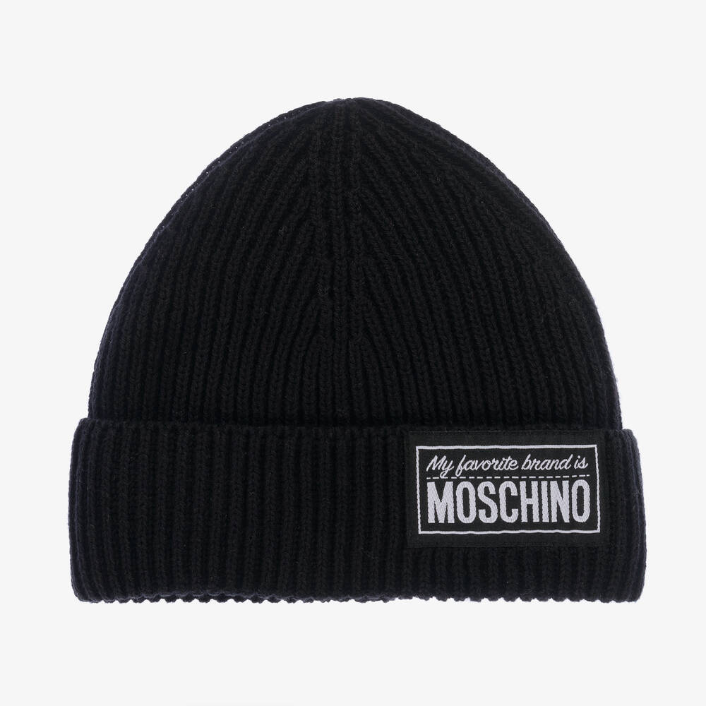 Moschino Kid-Teen - Black Ribbed Cotton Knit Beanie Hat | Childrensalon