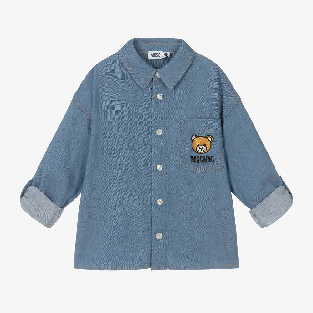 Moschino Kid-Teen - قميص بطبعة تيدي بير قطن شامبري لون أزرق | Childrensalon