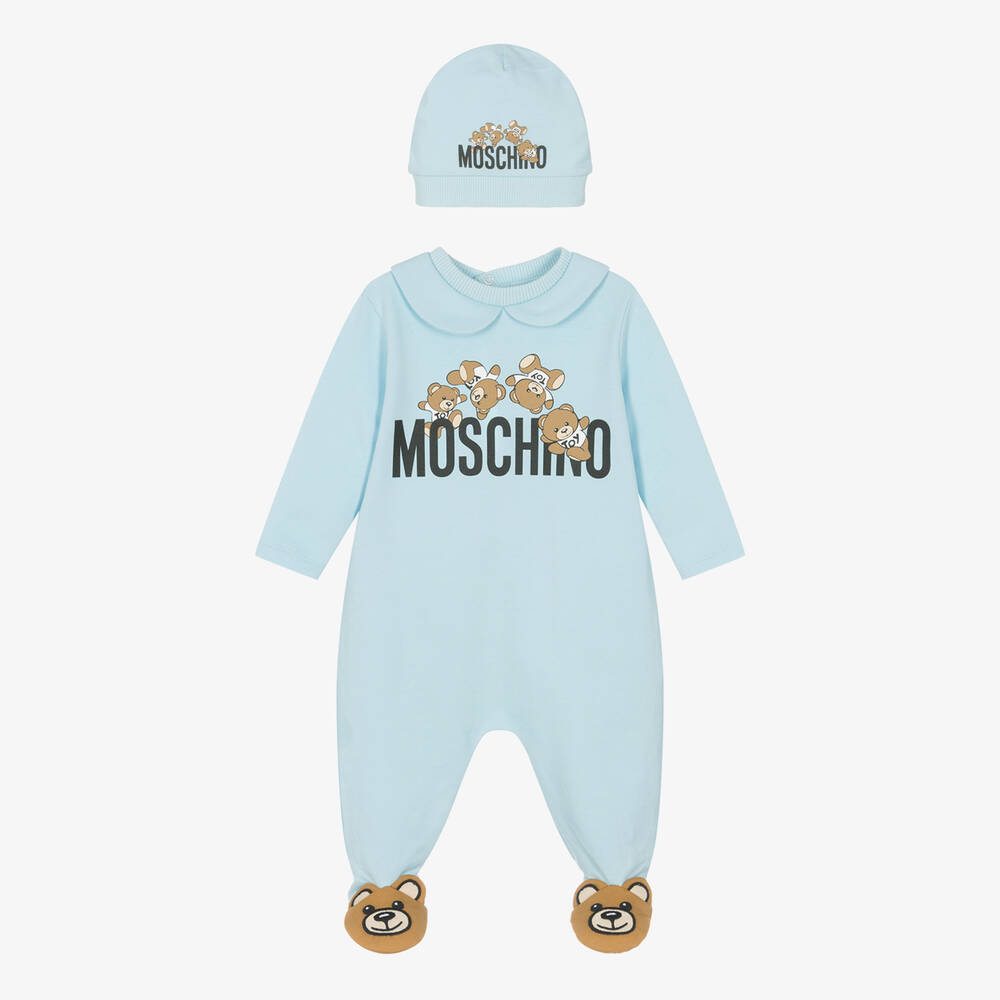 Moschino Baby Blue Cotton Teddy Bear Babygrow Gift Set