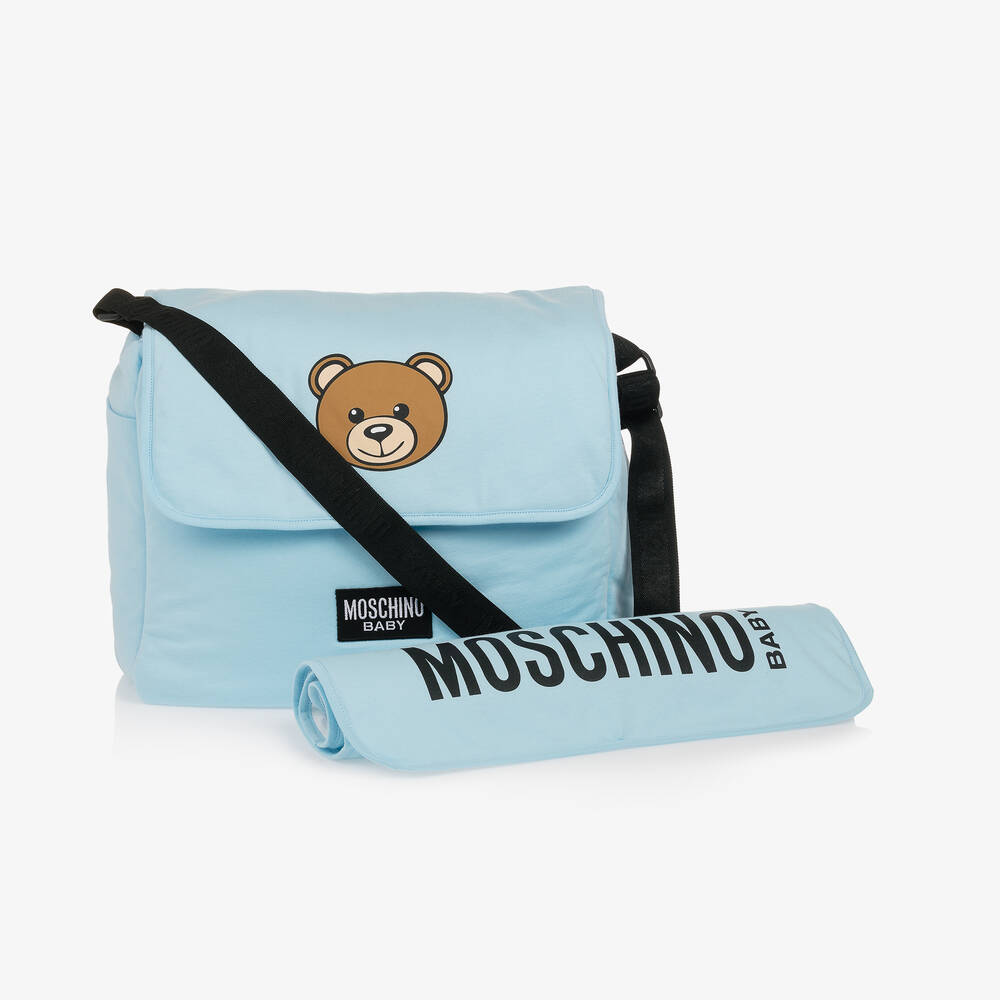 Moschino Baby -  حقيبة تغيير الحفاظات بطبعة تيدي بير قطن لون أزرق (49 سم) | Childrensalon