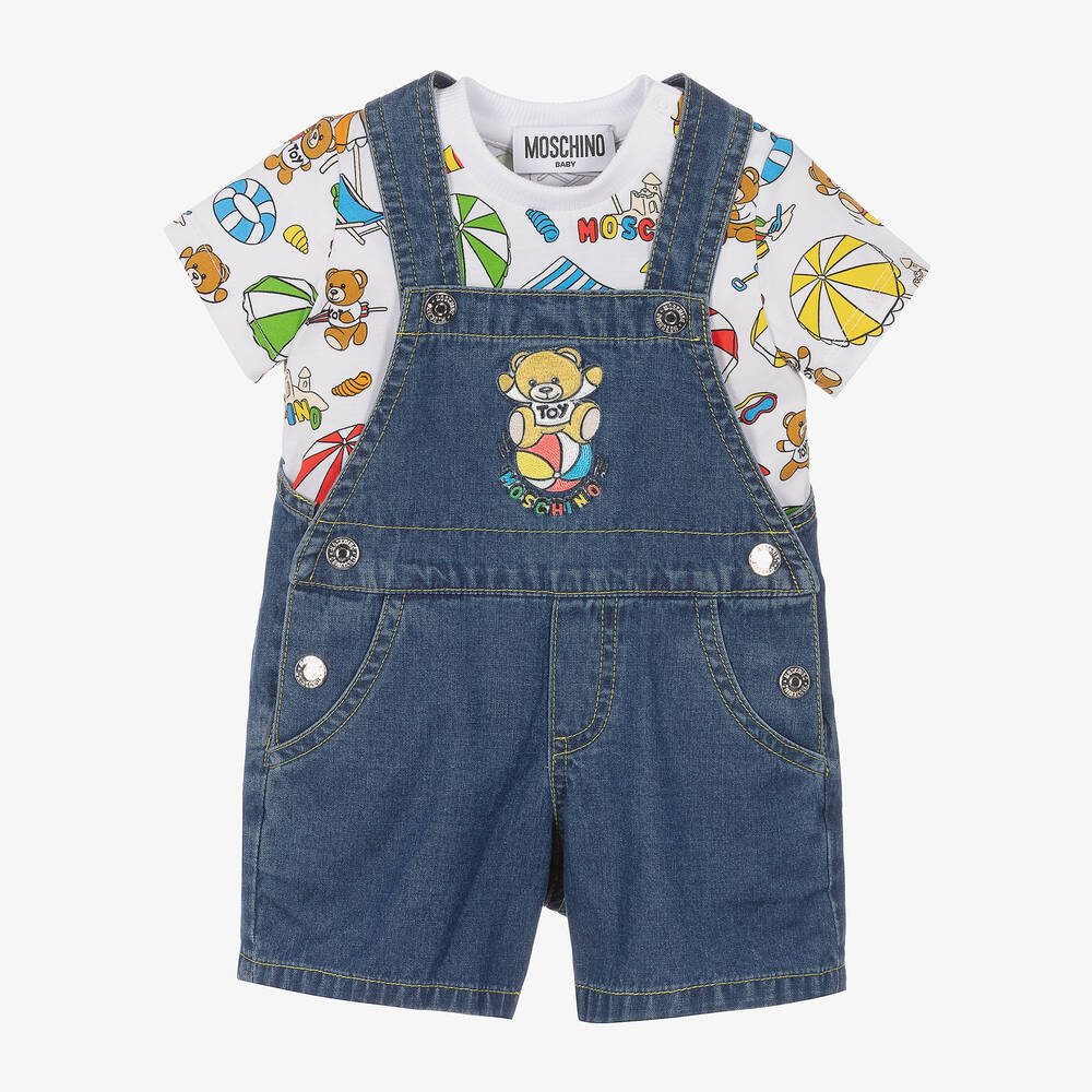 Moschino Baby Babies' Blue Cotton Teddy Bear Dungarees Set