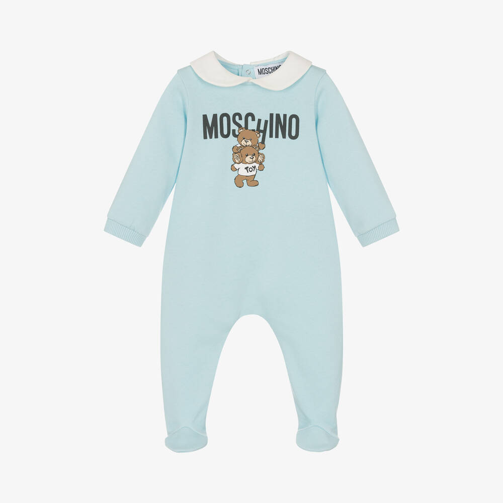 Moschino Baby - Blue Cotton Teddy Logo Babygrow | Childrensalon