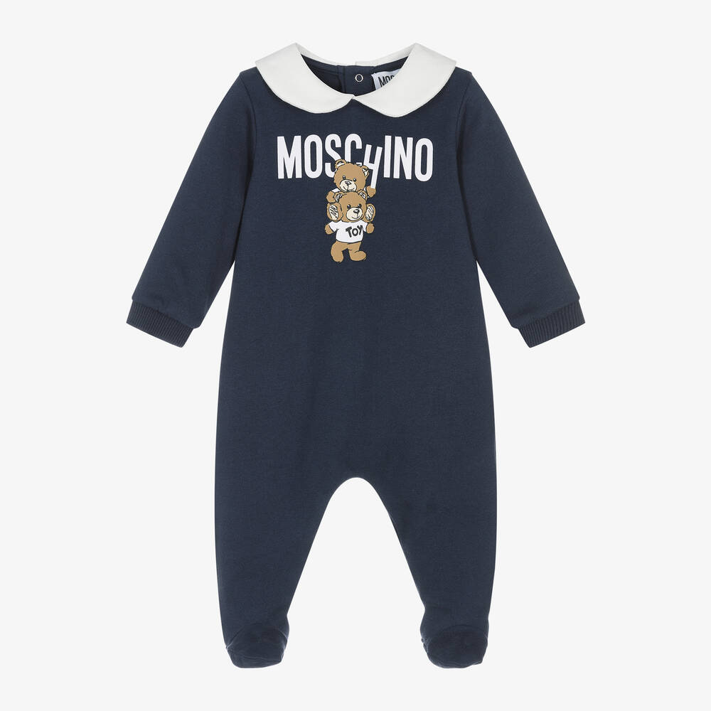 Moschino Baby - Blue Cotton Teddy Logo Babygrow | Childrensalon