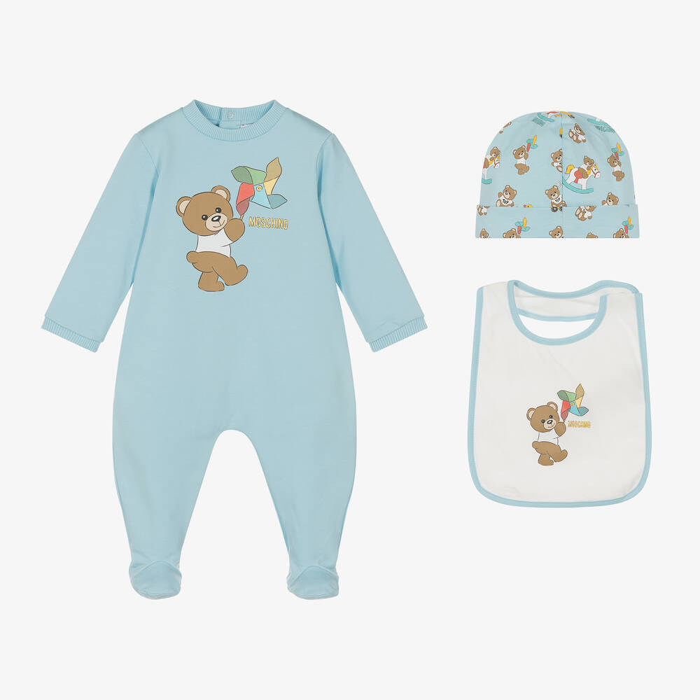 Moschino Baby Blue Teddy Bear Cotton Babysuit Set