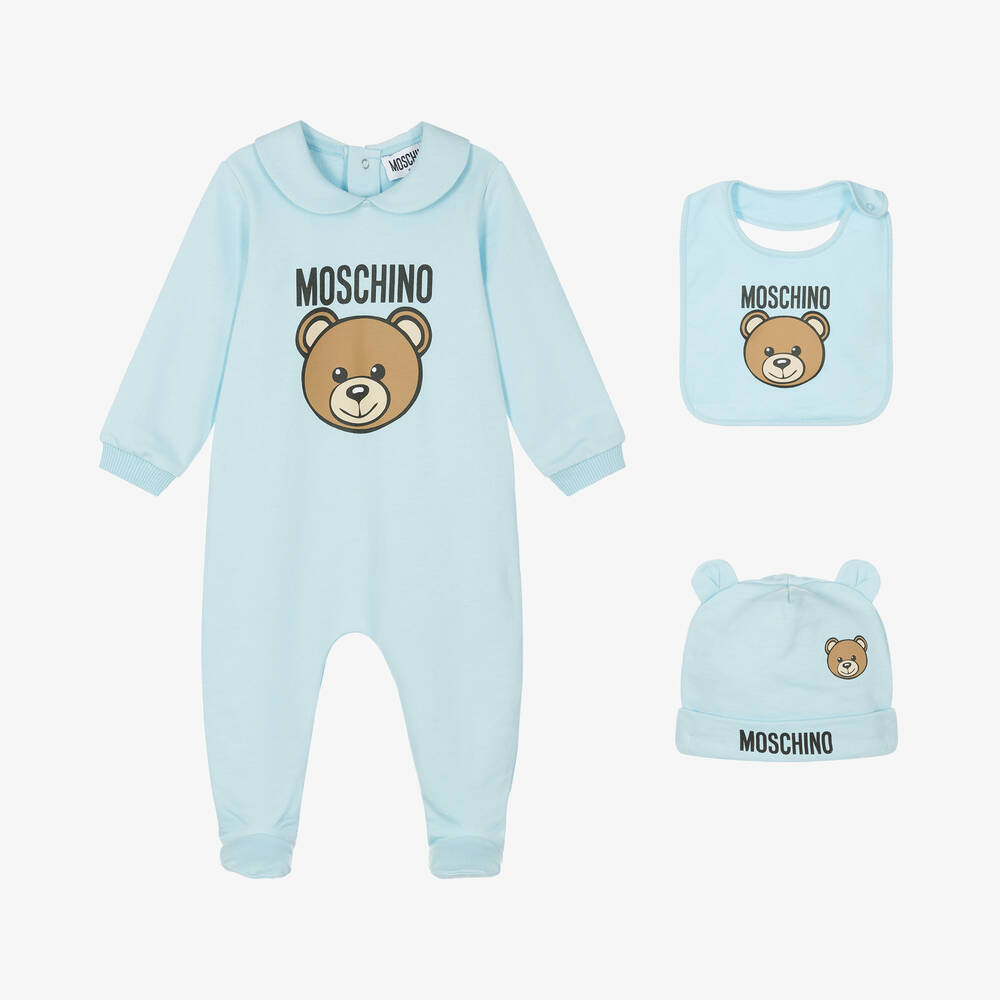 Moschino Baby - Blue Teddy Bear Cotton Babysuit Set | Childrensalon