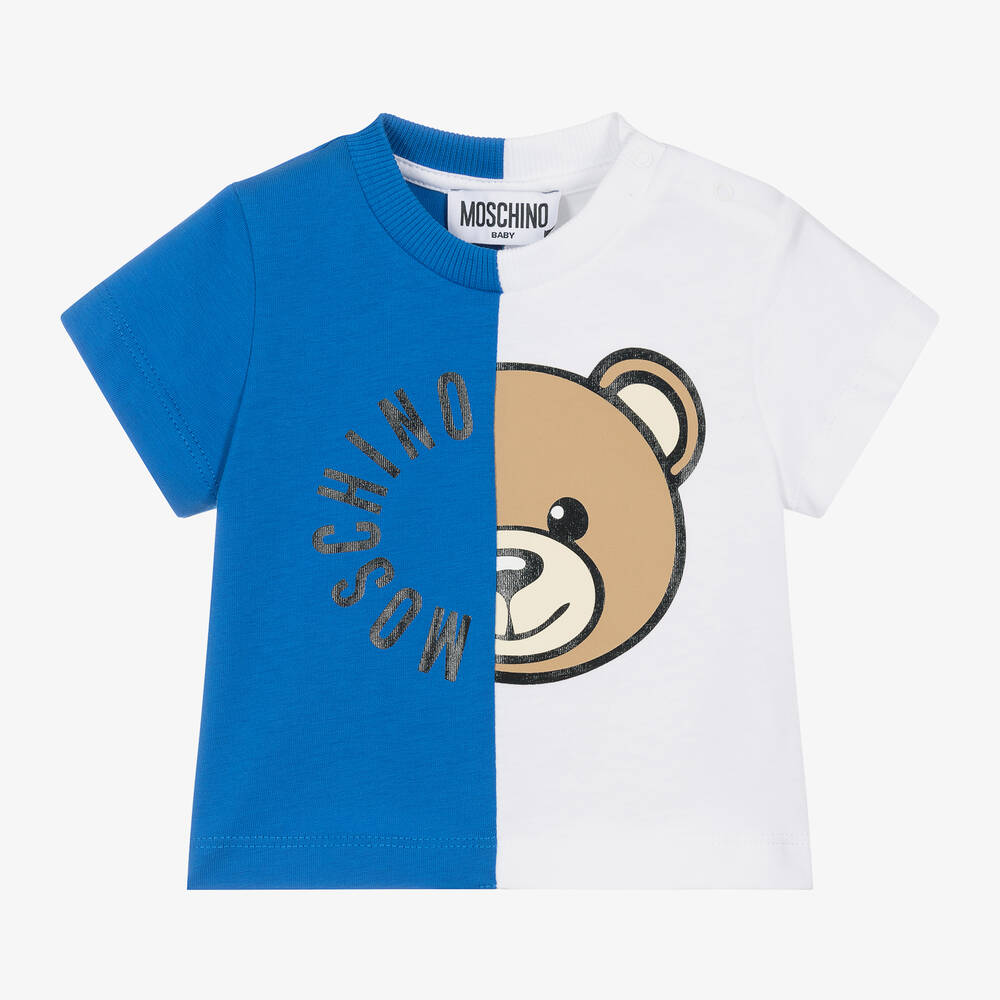 Moschino Baby - Blue & White Cotton Teddy Bear Baby T-Shirt | Childrensalon