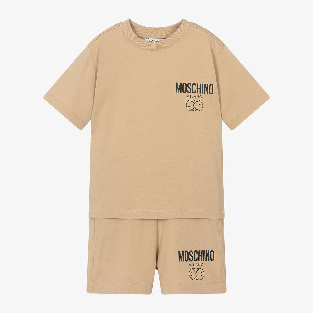 Moschino Kid-Teen - Boys Beige Double Smiley Cotton Shorts Set | Childrensalon