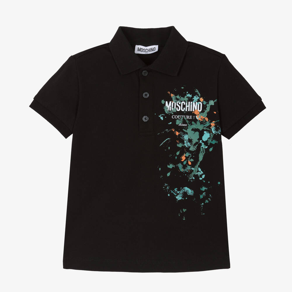 Moschino Kid-Teen - Boys Black Cotton Paint Splatter Polo Shirt | Childrensalon