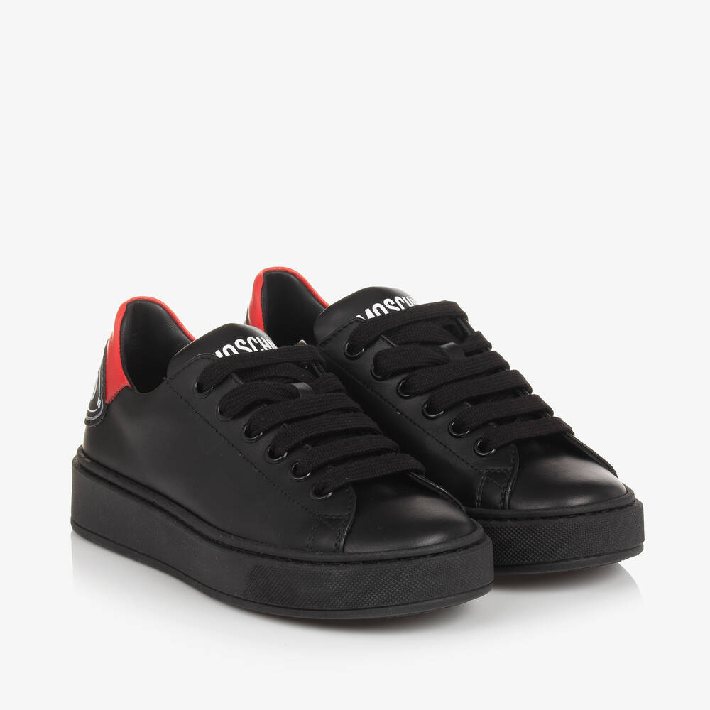 Moschino - Boys Black Leather Lace-Up Trainers | Childrensalon