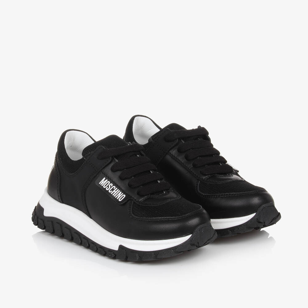 Moschino - Boys Black Leather Lace-Up Trainers | Childrensalon