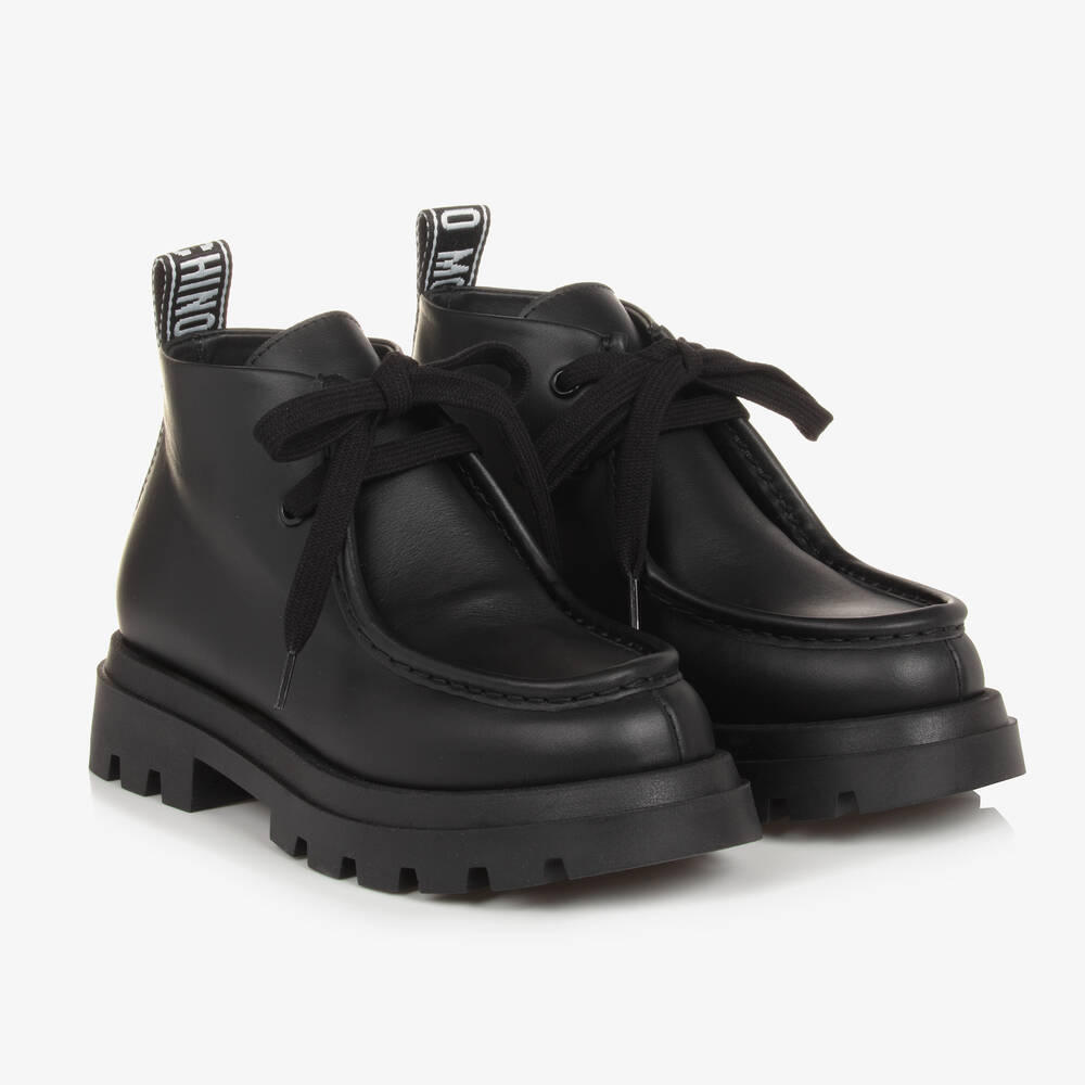 Moschino - Boys Black Leather Moccasin Toe Boots | Childrensalon