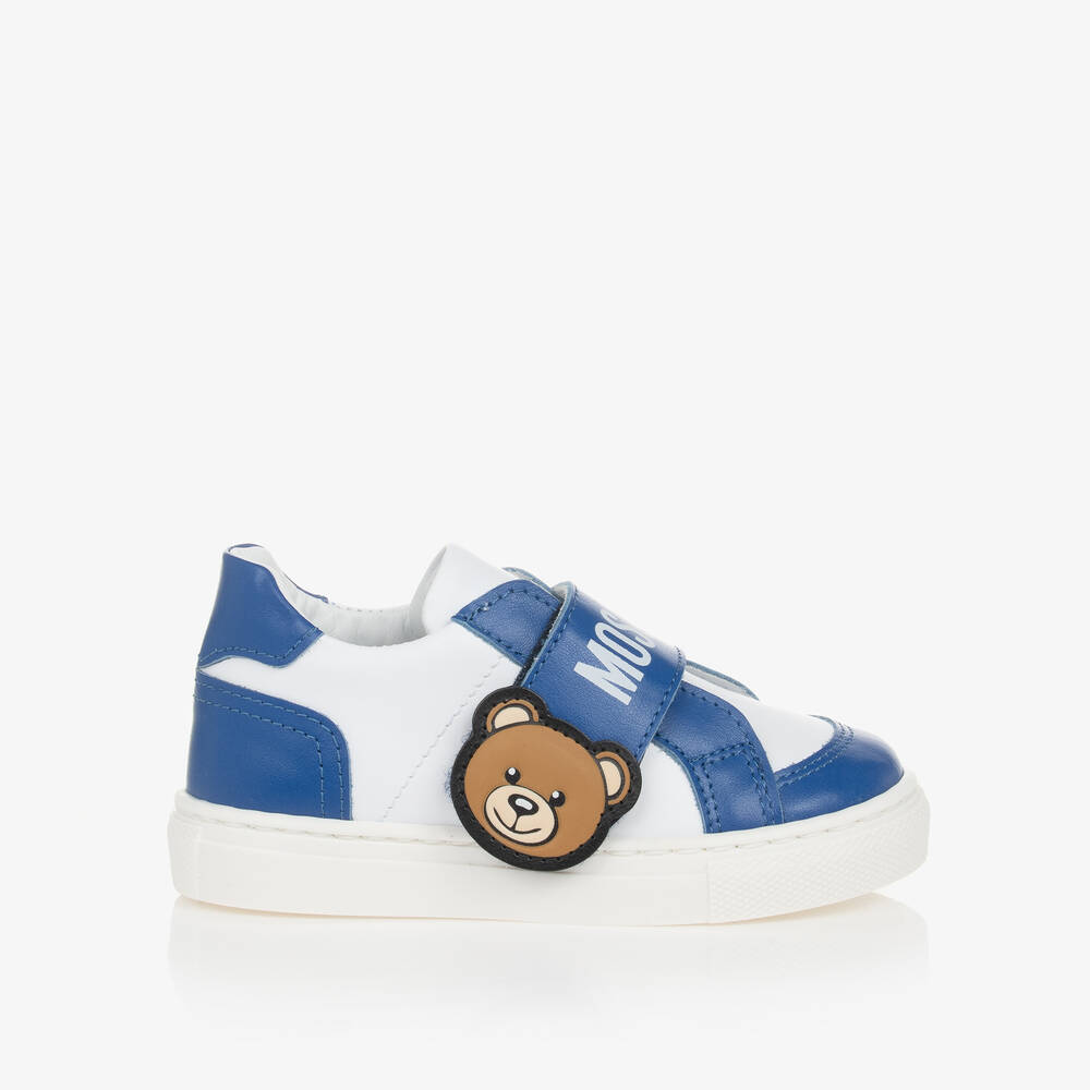 Moschino Kid-teen Babies' Boys White & Blue Leather Bear Trainers