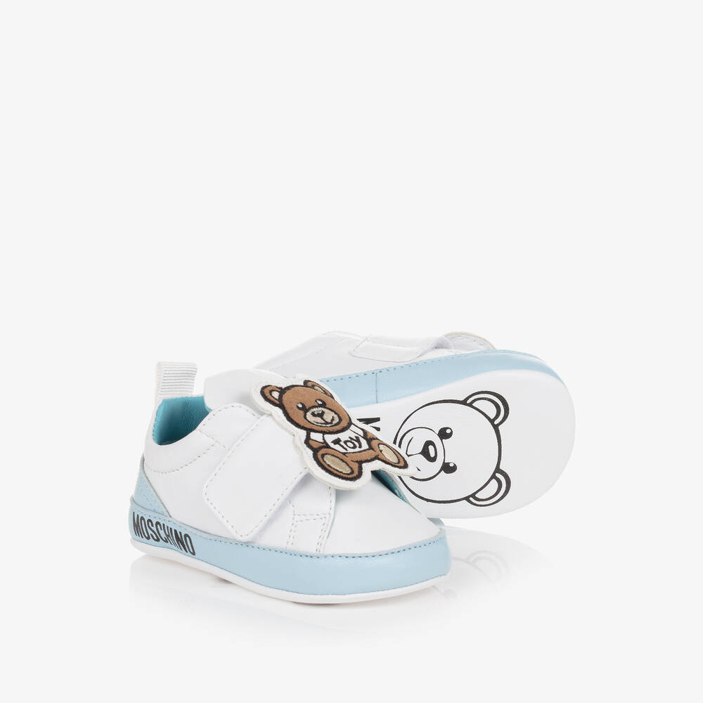 Moschino Baby - Boys White & Blue Leather Pre-Walkers | Childrensalon