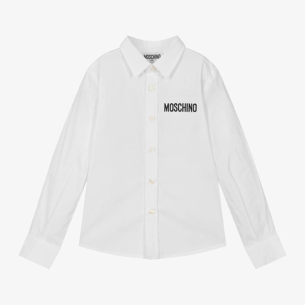 Moschino Kid-Teen - Boys White Cotton Embroidered Logo Shirt | Childrensalon