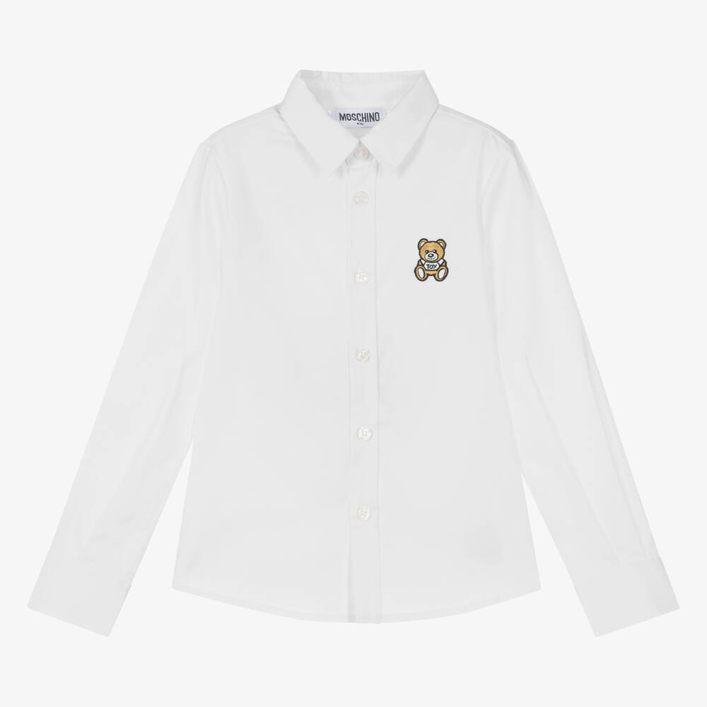Moschino Kid-Teen - قميص قطن أبيض بطبعة تيدي بير للأولاد  | Childrensalon