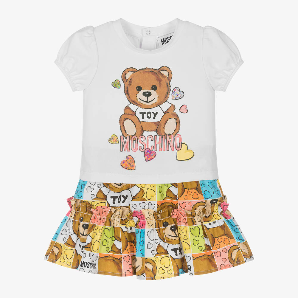 Moschino Baby - Girls Beige Cotton Teddy Bear Skirt Set | Childrensalon