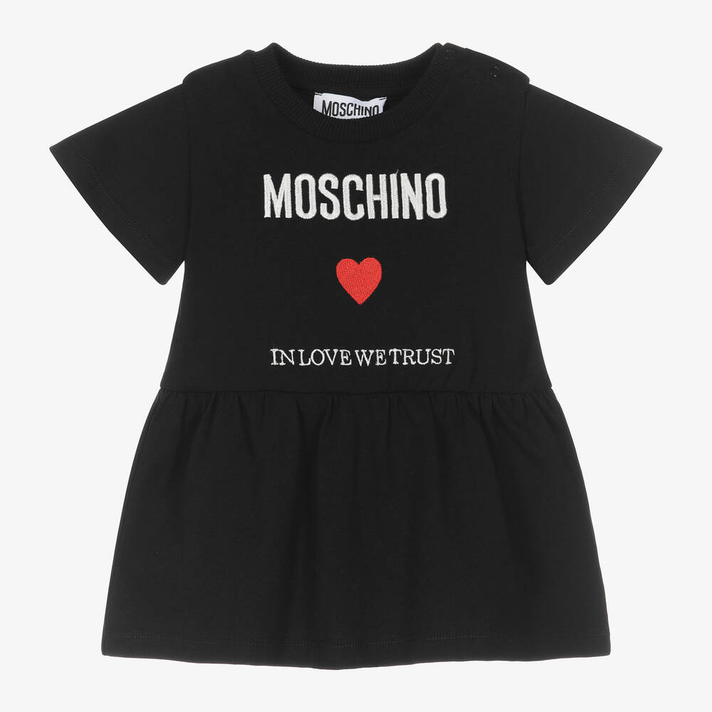 Moschino Baby - فستان أطفال بناتي بطبعة قلب قطن لون أسود | Childrensalon