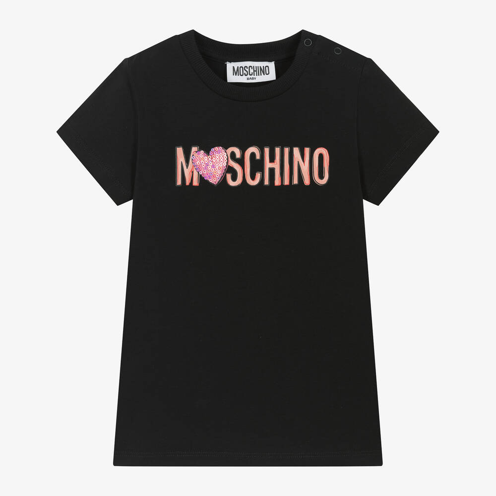 Moschino Baby - تيشيرت بطبعة قلب أطفال بناتي قطن لون أسود | Childrensalon