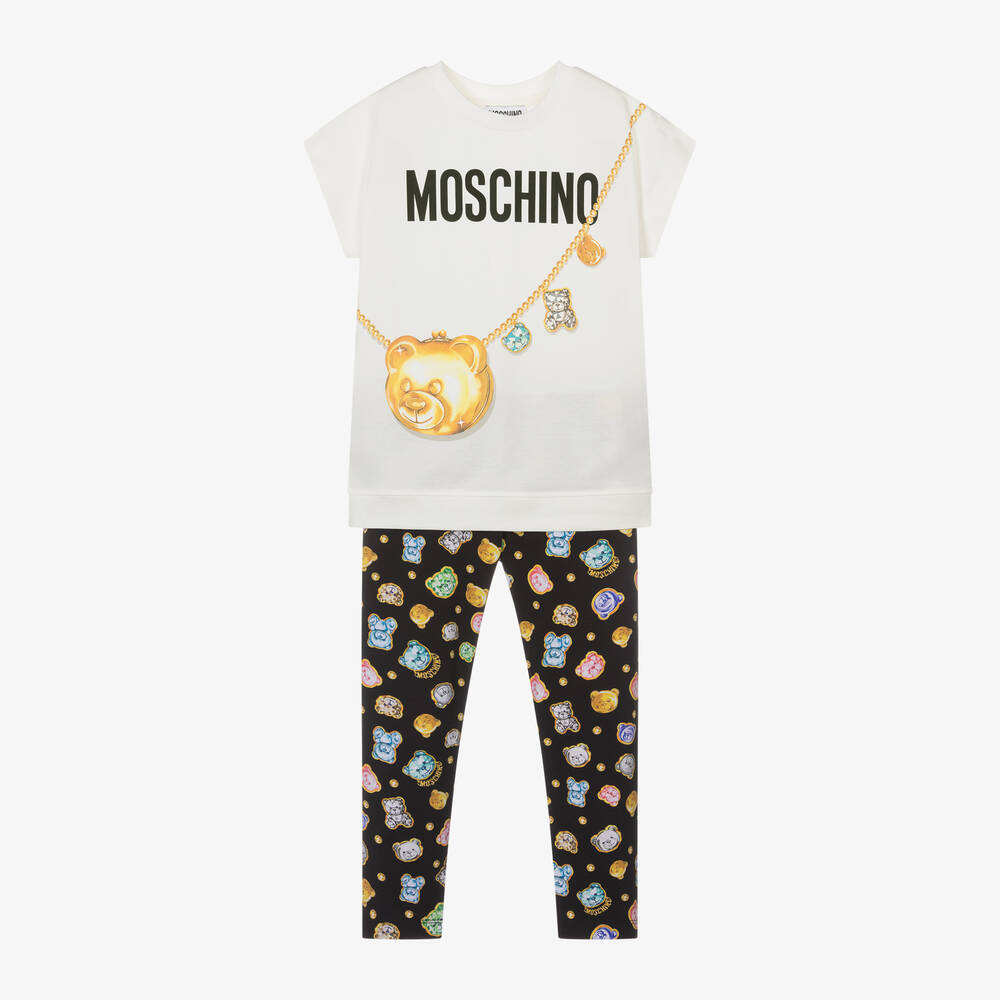 Moschino Kid-Teen - طقم ليقنز بطبعة تيدي بير قطن لون أسود للبنات | Childrensalon