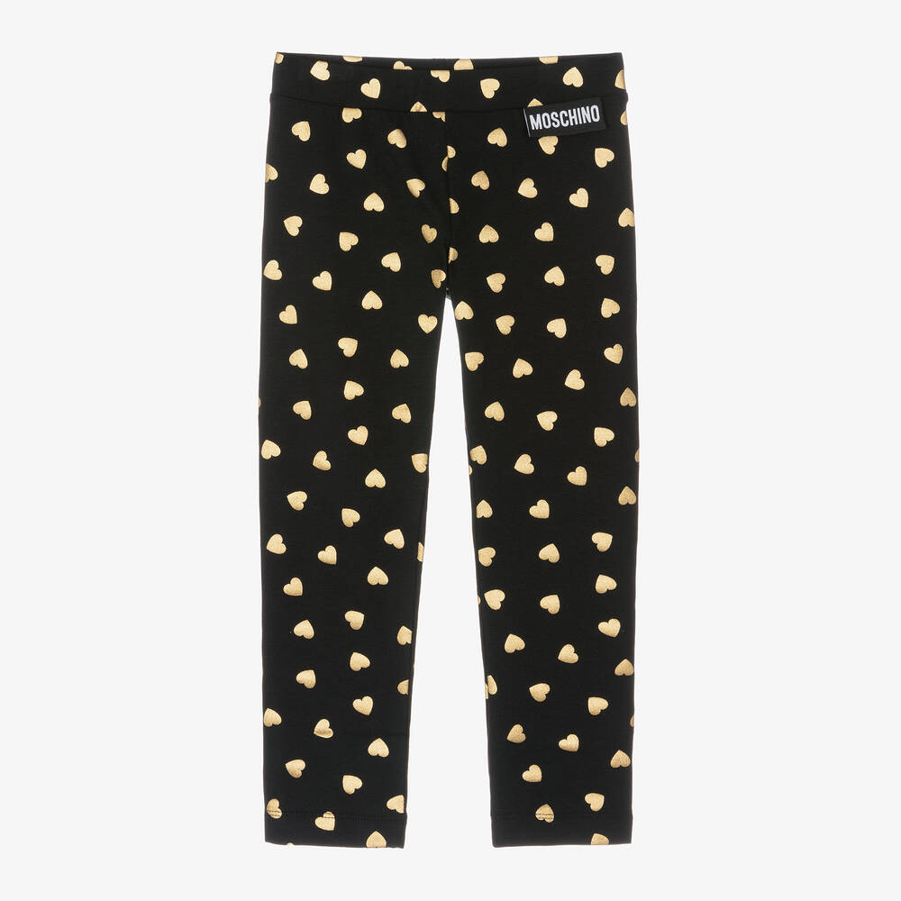 Moschino Kid-Teen - Girls Black & Gold Heart Cotton Leggings | Childrensalon