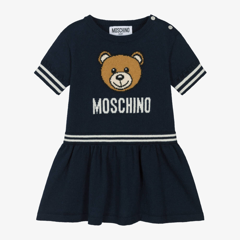 Moschino Baby - Girls Blue Cotton & Wool Knit Dress | Childrensalon