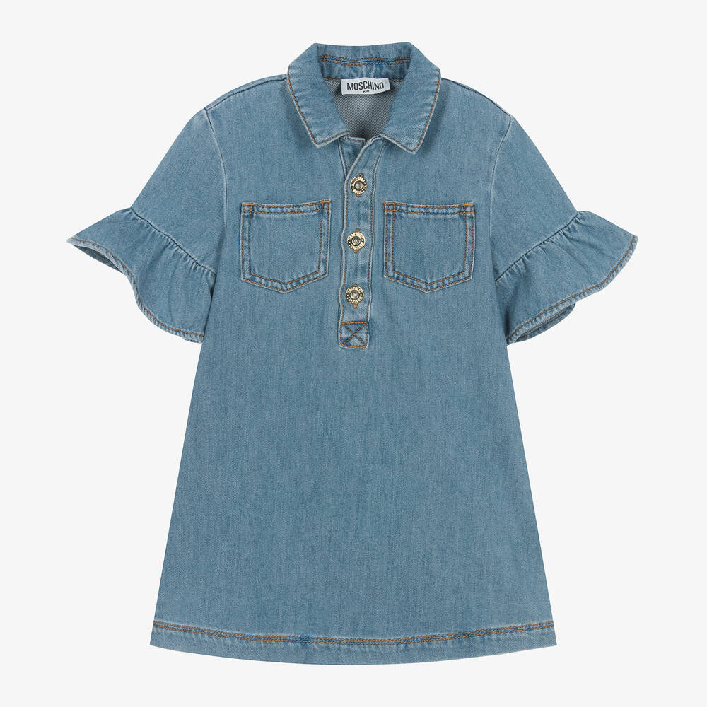 Moschino Kid-Teen - فستان بطبعة تيدي قطن دنيم لون أزرق | Childrensalon