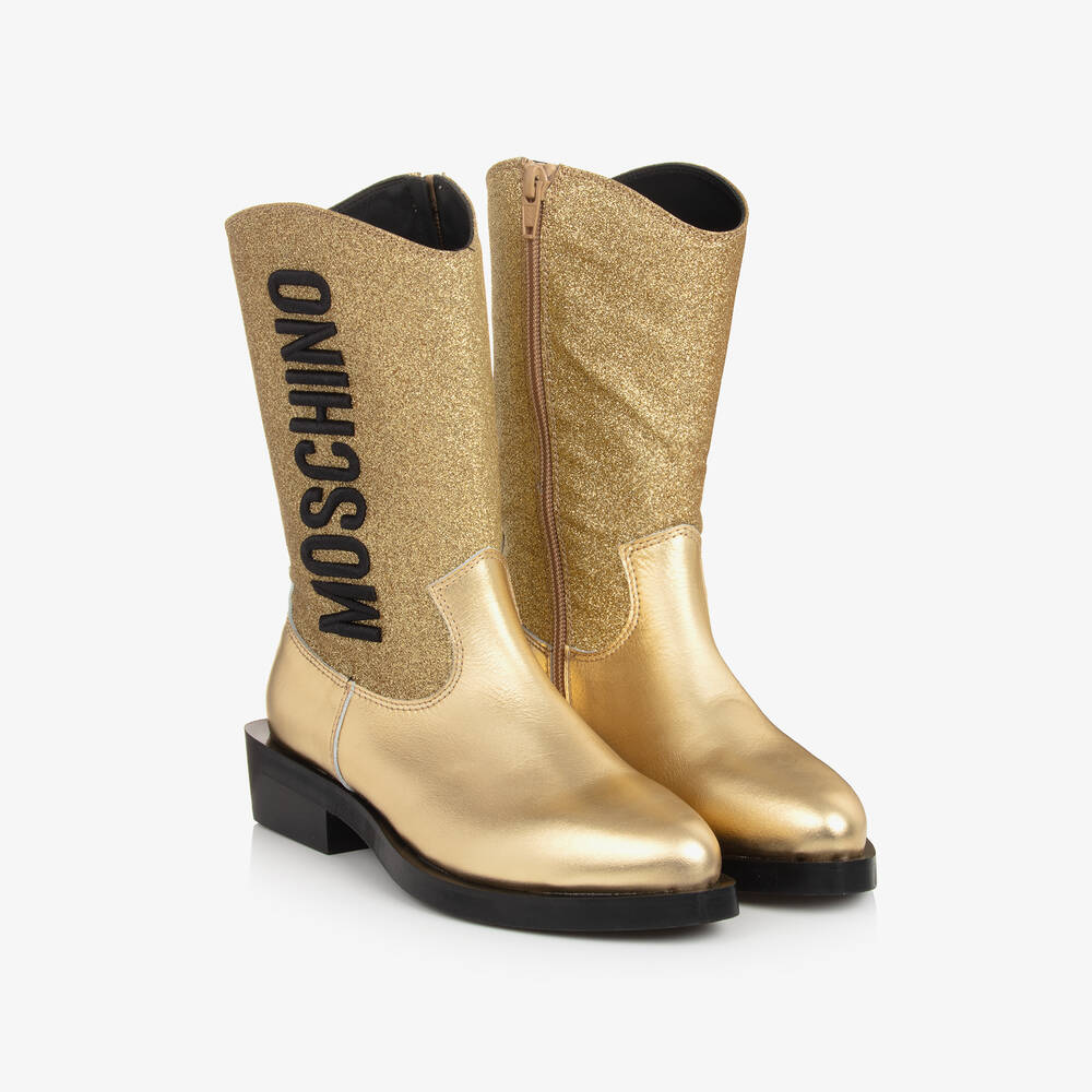 Moschino - Girls Gold Leather & Glitter Cowboy Boots | Childrensalon