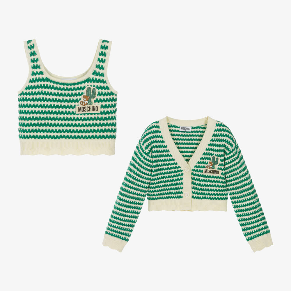 Moschino Kid-Teen - Girls Green Cotton Knit Cardigan Set | Childrensalon